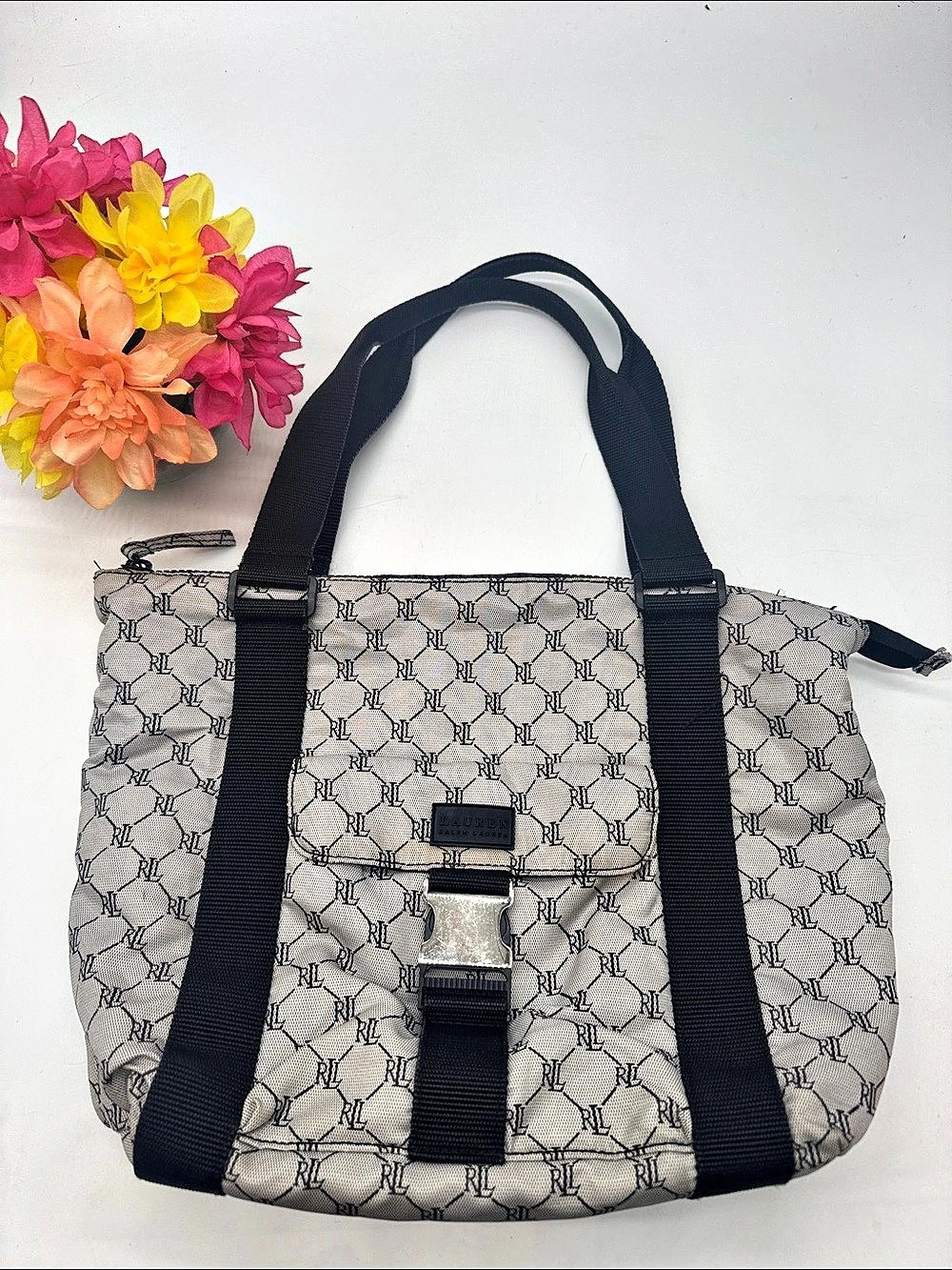 Lauren Ralph Lauren Geometric Logo Tote in Gray & Black